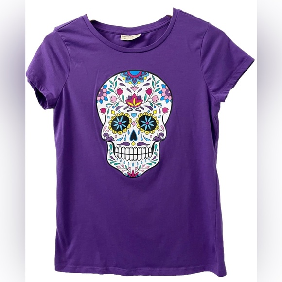 Purple Sugar Skull Graphic Tee Bobbie Brooks Medium Day of the Dead - Picture 4 of 9